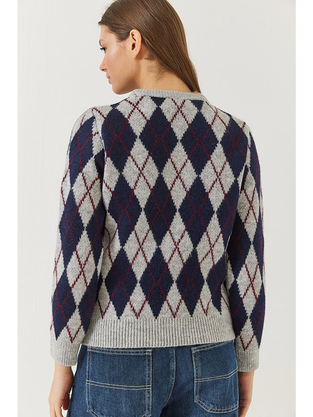 Gri Kadın Bisiklet Yaka Baklava Desenli Kazak-3