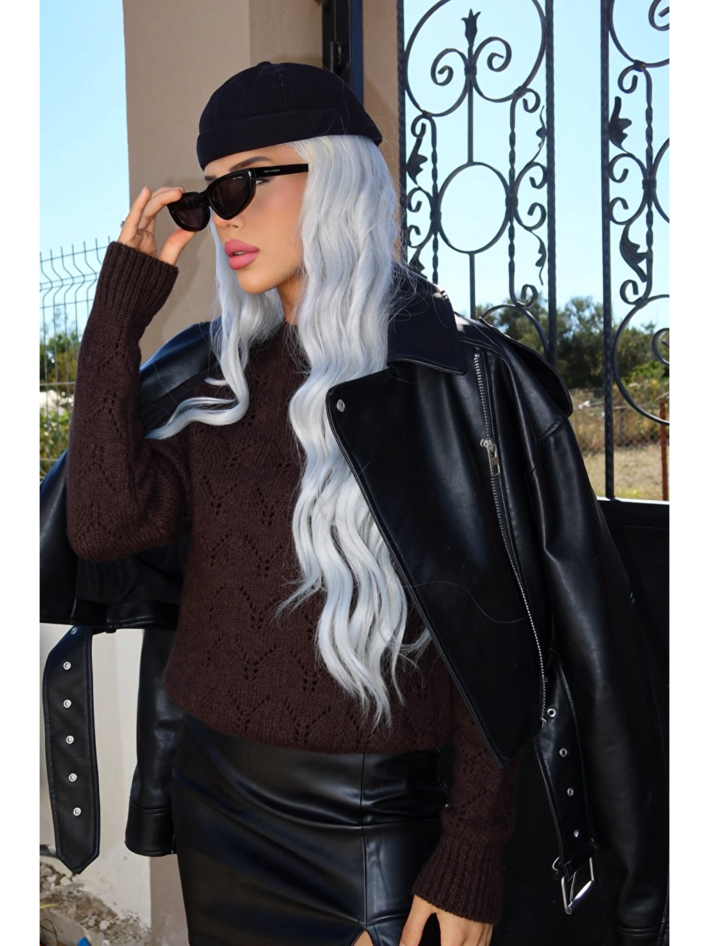 Kahverengi Yarım Balıkçı Yaka Desenli Triko Kazak E-133-4