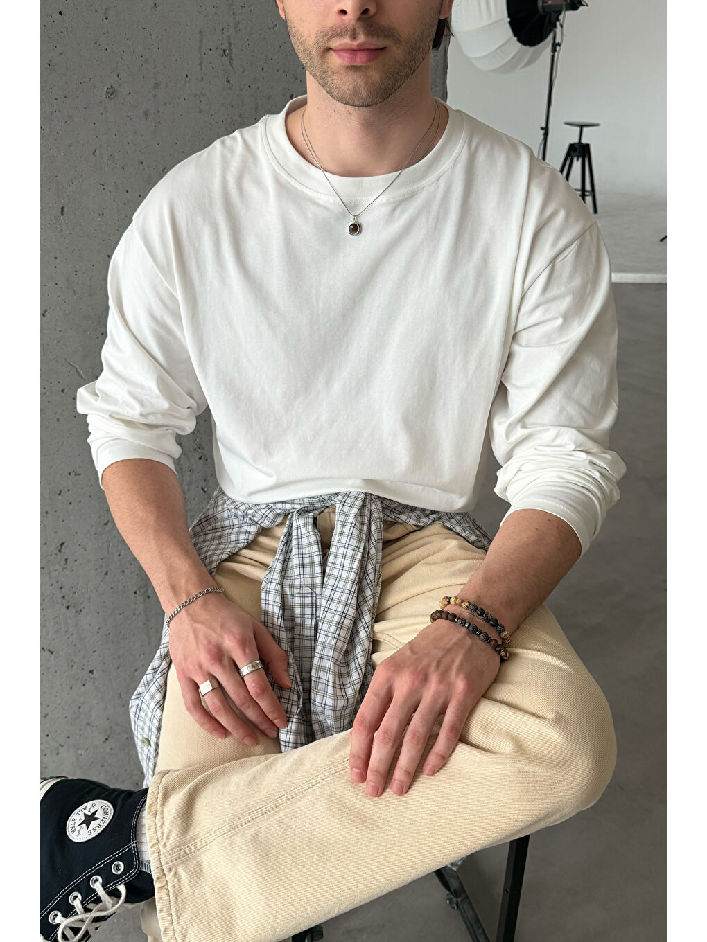 Beyaz Erkek Oversize Uzun Kollu Basic Tişört-6
