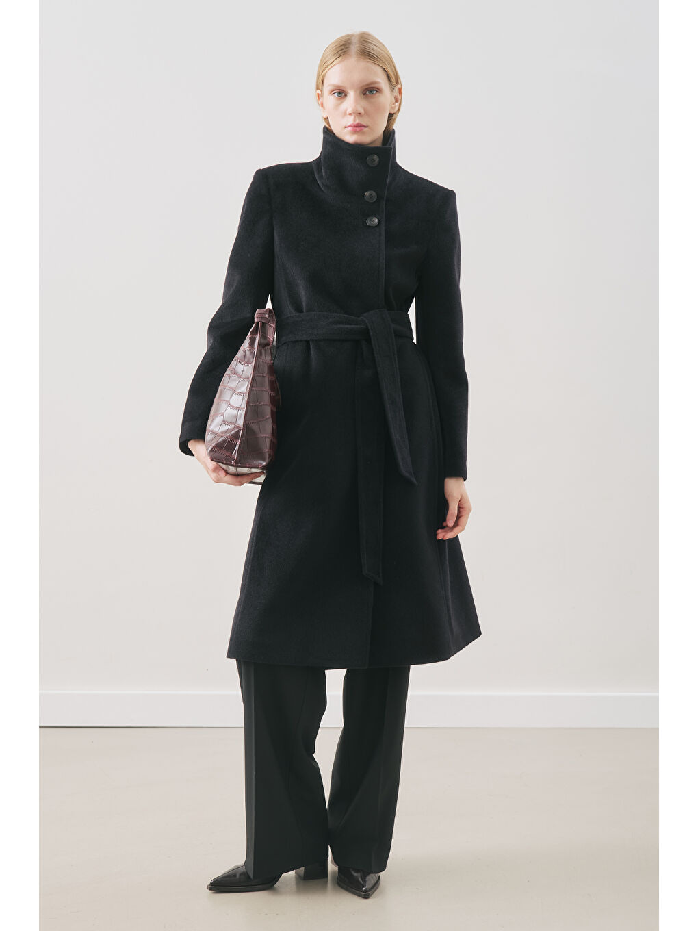 Premıum Kaşe Trench Tasarımlı Kaban Siyah