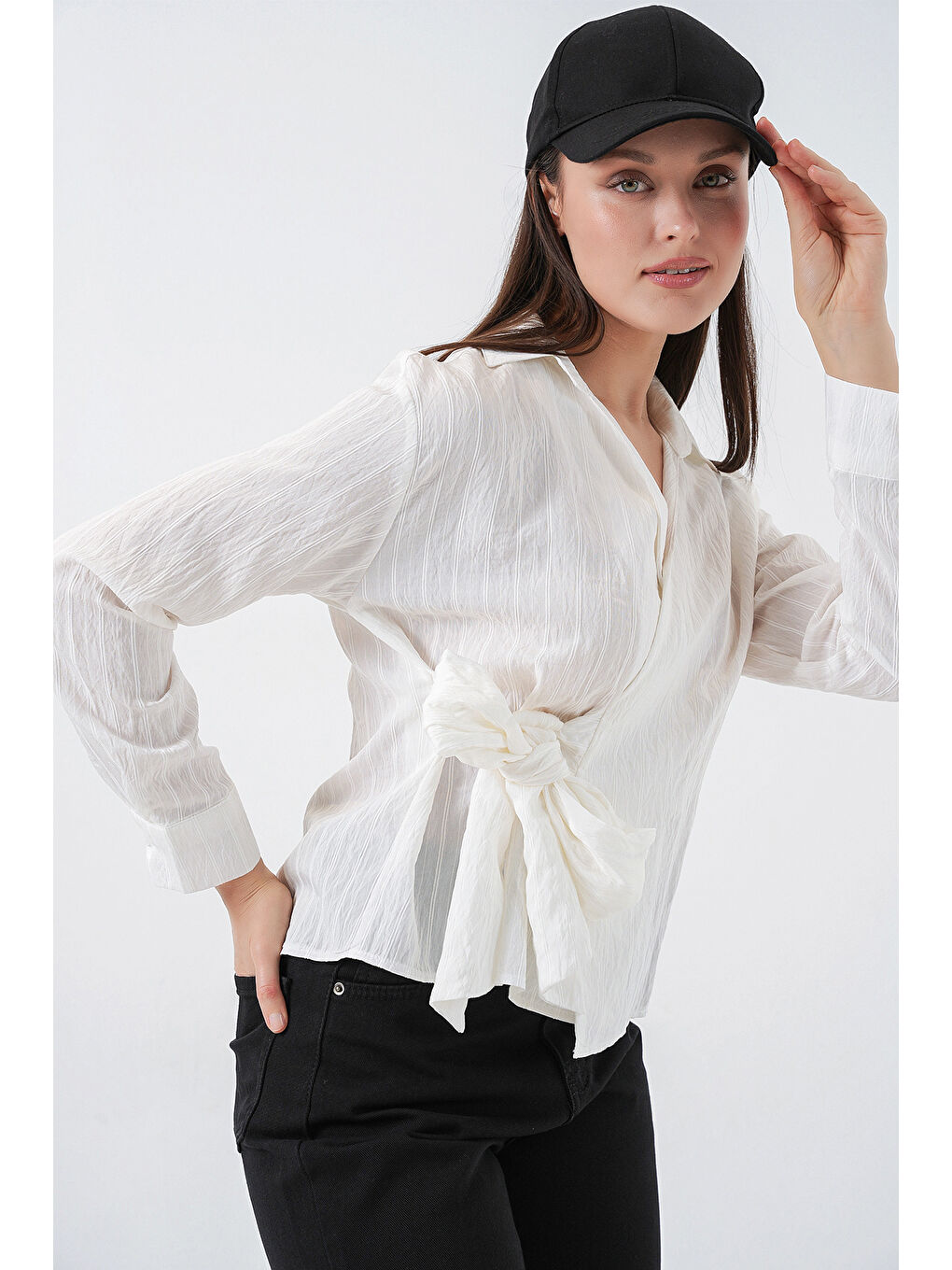 Kadın Önü Bağlamalı Çizgili Gömlek 20362 - Ekru-3