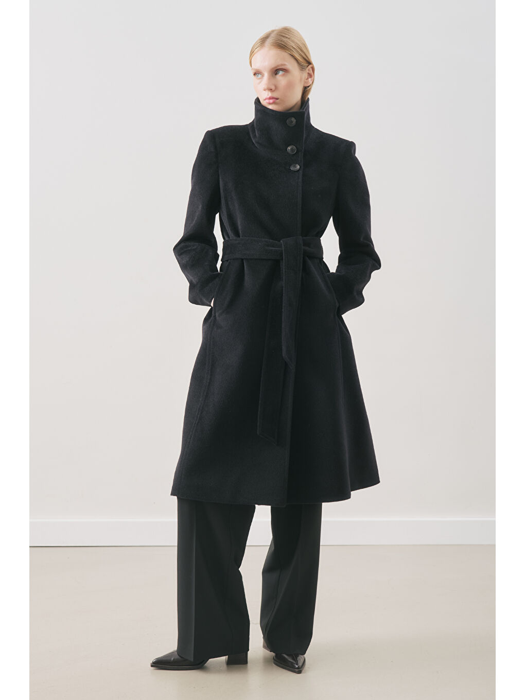 Premıum Kaşe Trench Tasarımlı Kaban Siyah-2