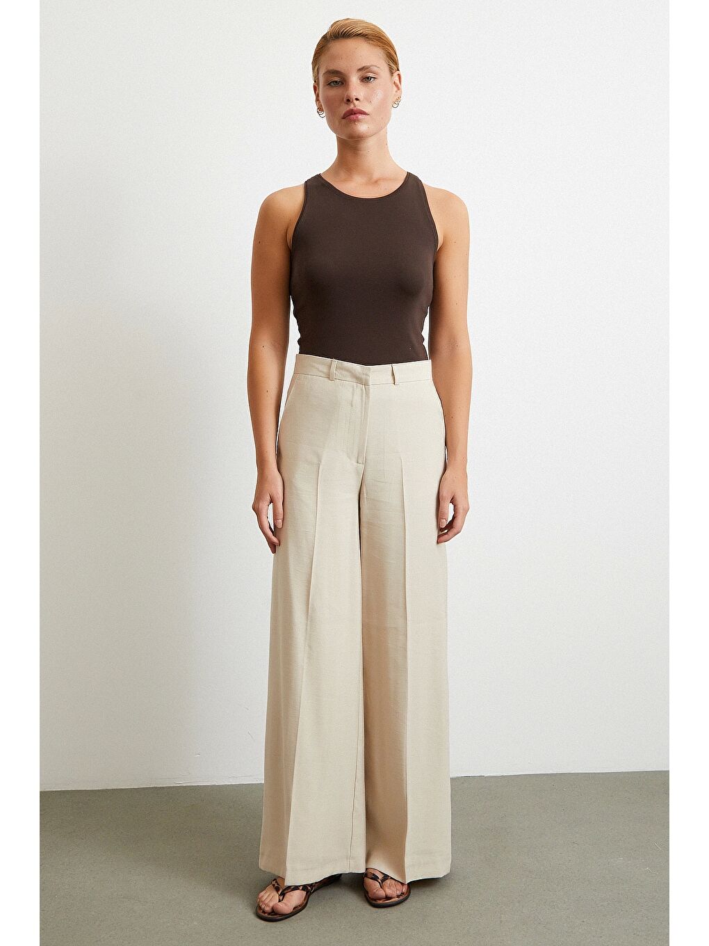 Bej Geniş Paça Palazzo Pantolon Taş