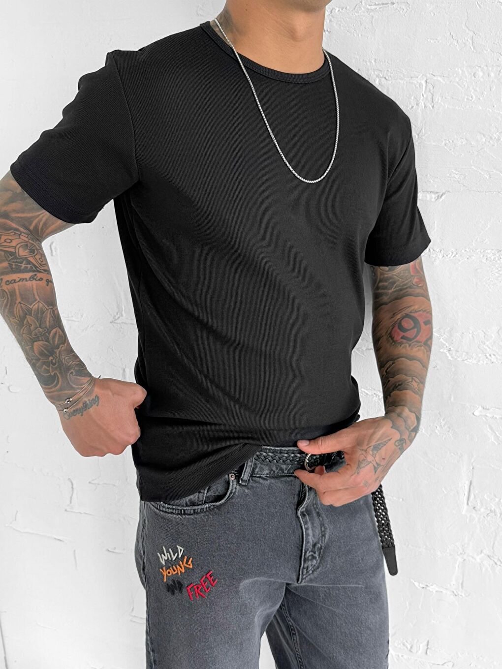 Erkek Slim Fit Fitilli Basic Esnek T-Shirt Siyah-1