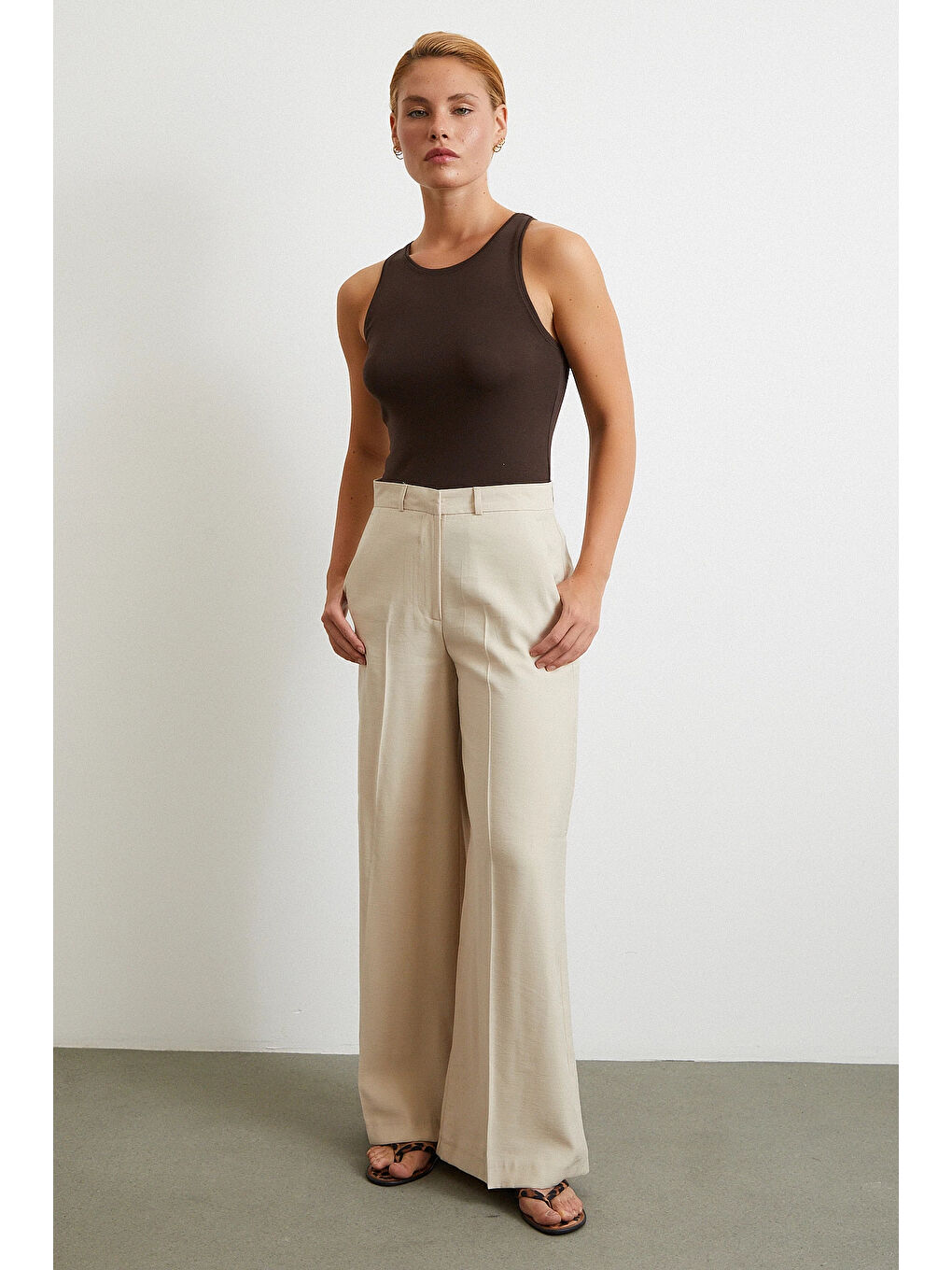 Bej Geniş Paça Palazzo Pantolon Taş-1