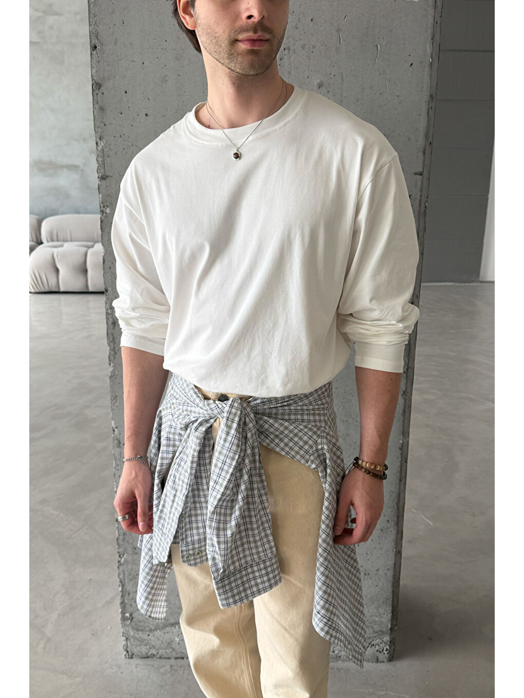 Beyaz Erkek Oversize Uzun Kollu Basic Tişört-7