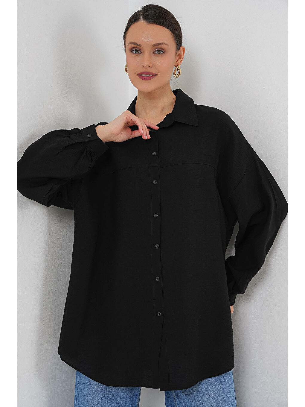 Kadın Uzun Oversize Gömlek 5965 - Siyah
