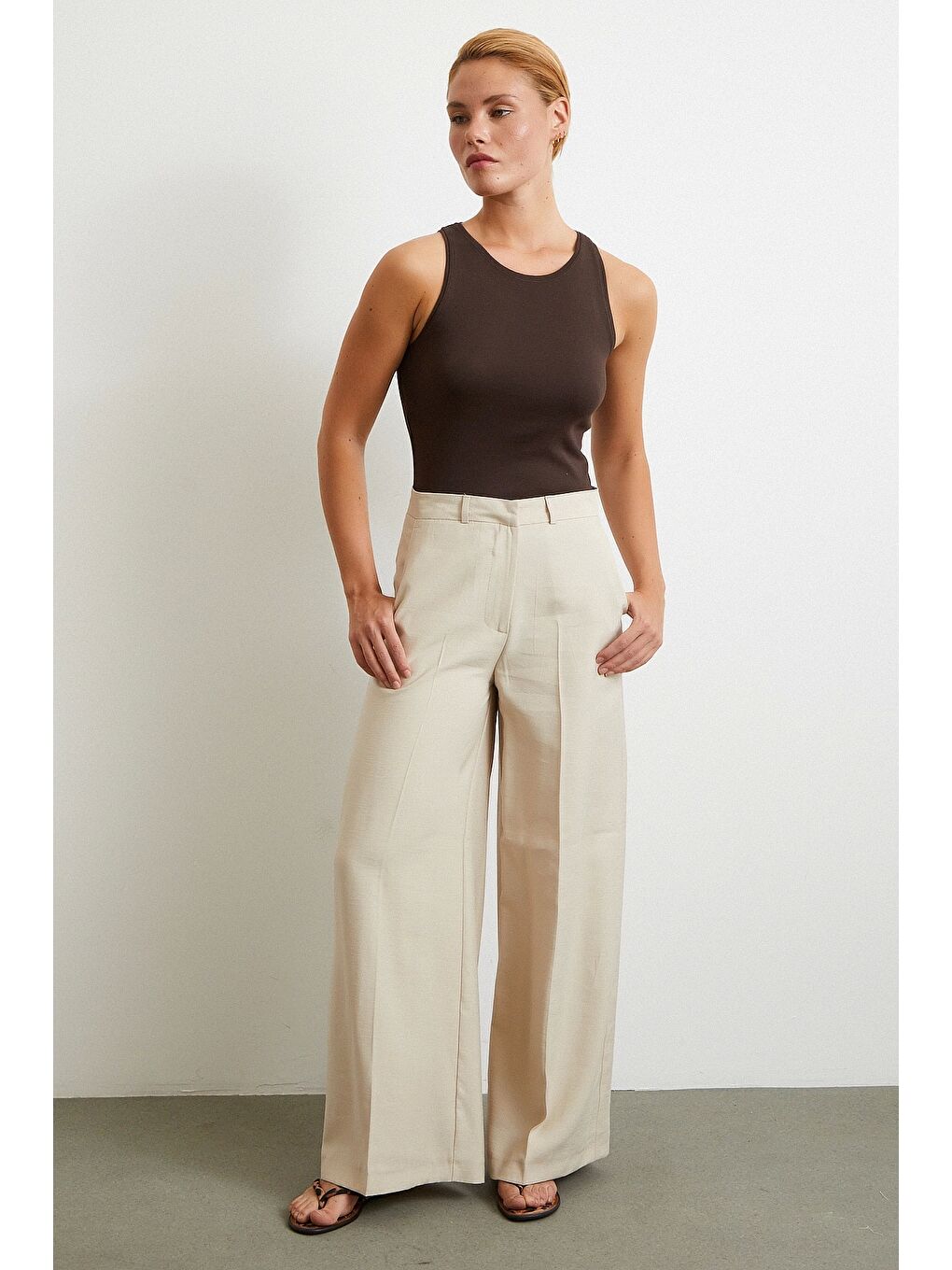 Bej Geniş Paça Palazzo Pantolon Taş-2