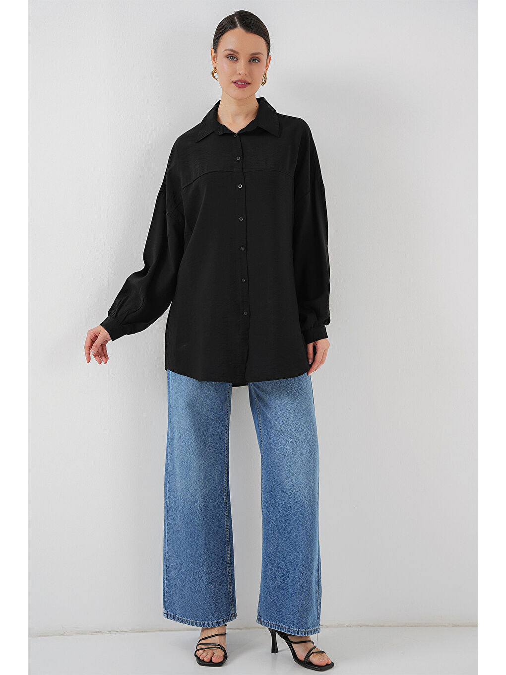 Kadın Uzun Oversize Gömlek 5965 - Siyah-1