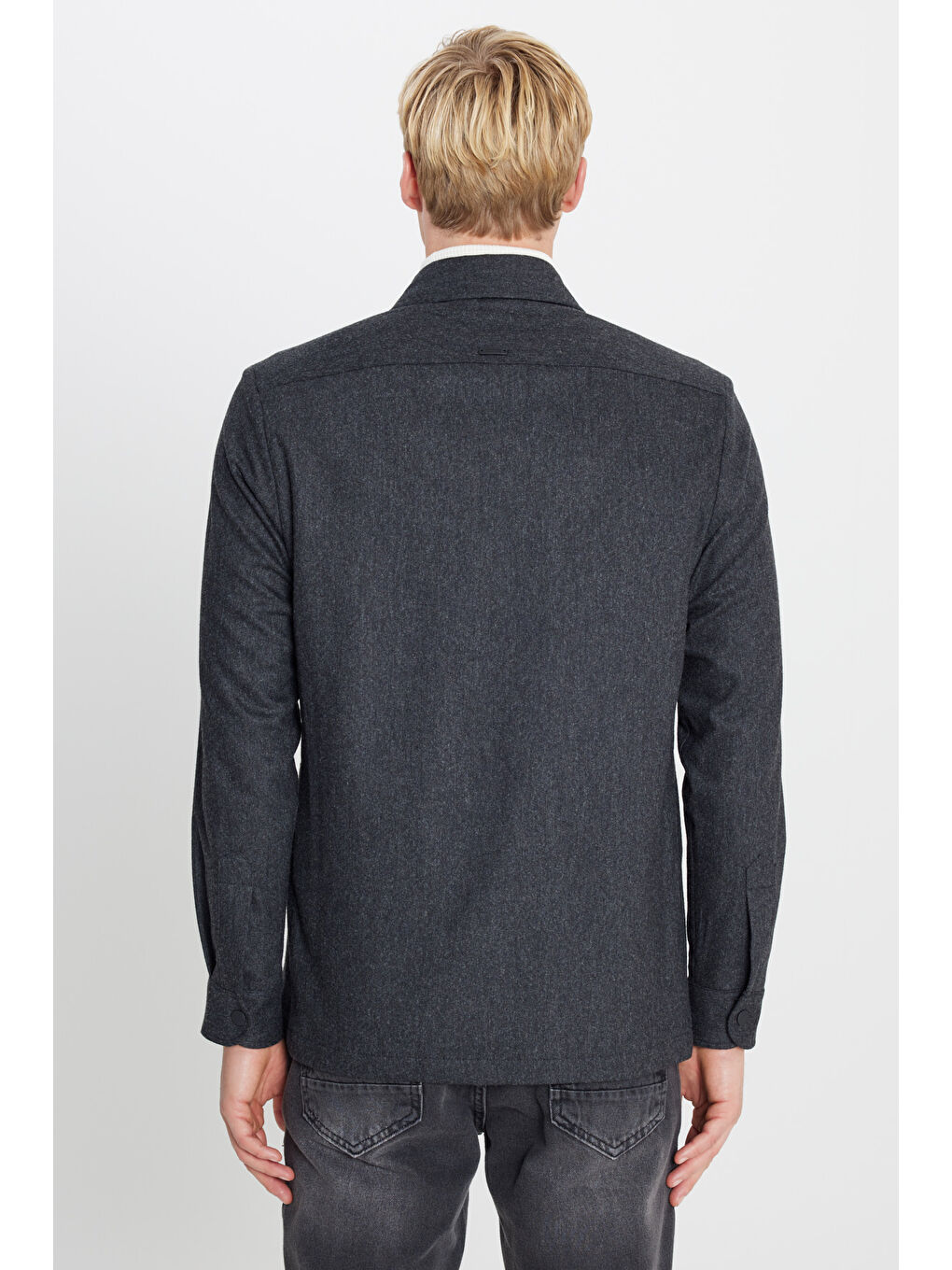 Erkek Antrasit Yünlü Relax Fit Rahat Kesim Gömlek Yaka Diagonal Desenli Çift Ceketli Takım-4