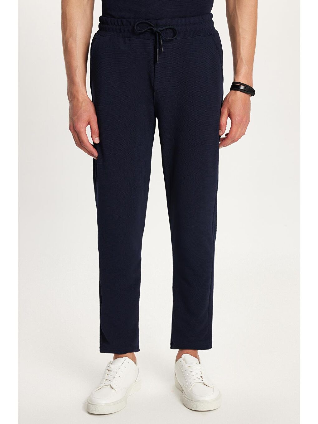 Erkek Standart Fit Pamuklu Fermuarlı Polo Yaka Beli Bağcıklı Lacivert Eşofman Takımı-1