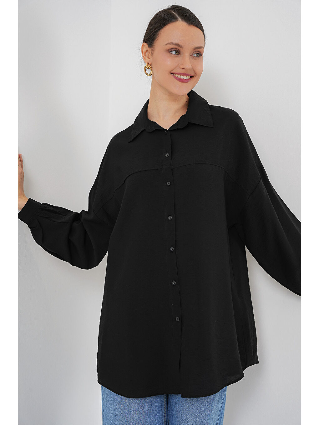 Kadın Uzun Oversize Gömlek 5965 - Siyah-2
