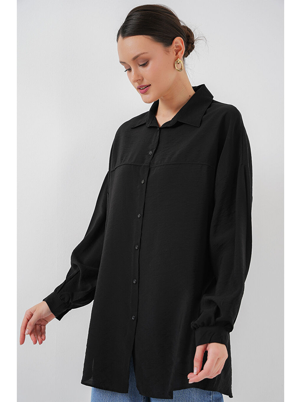 Kadın Uzun Oversize Gömlek 5965 - Siyah-3