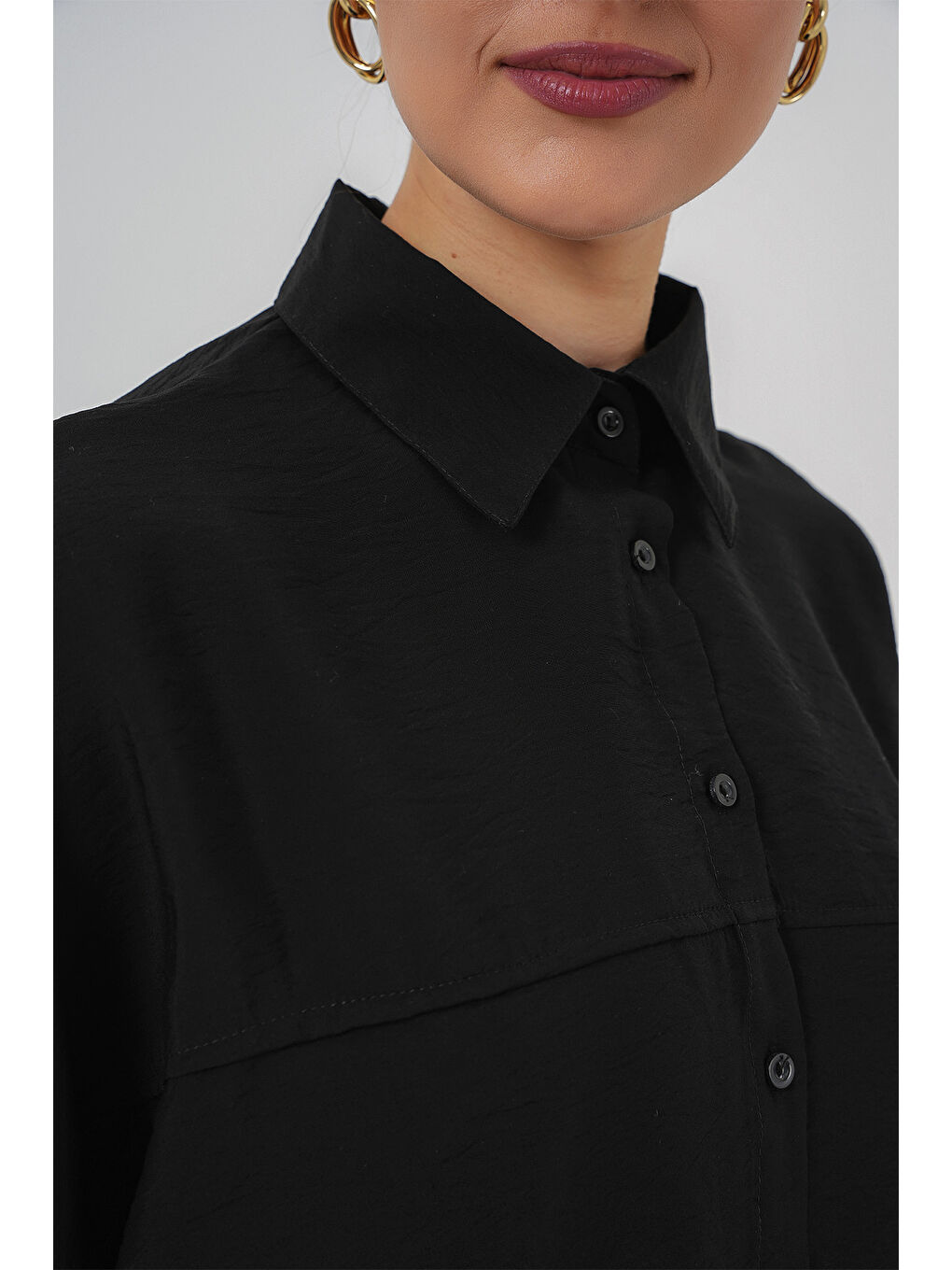 Kadın Uzun Oversize Gömlek 5965 - Siyah-4