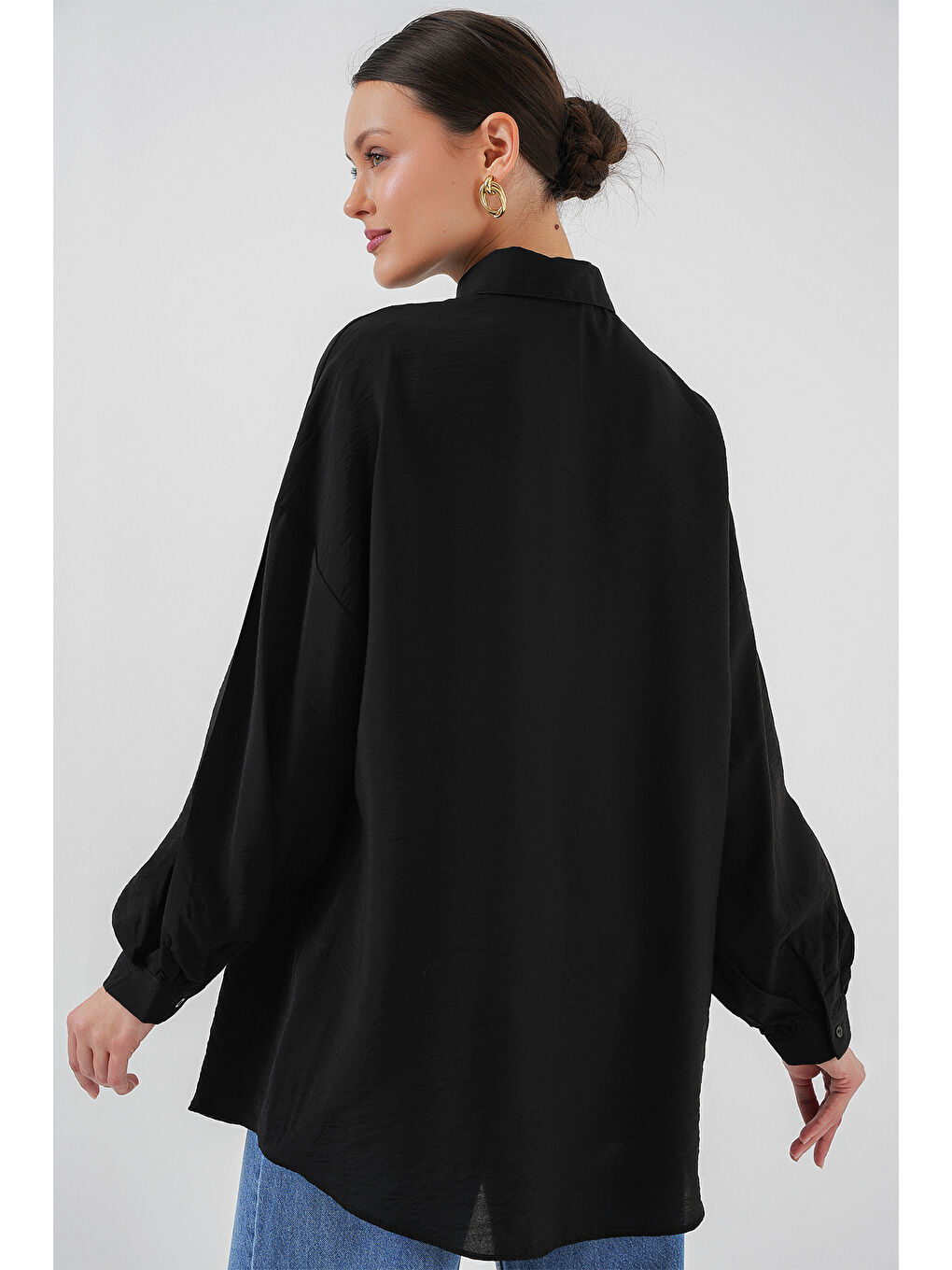 Kadın Uzun Oversize Gömlek 5965 - Siyah-5