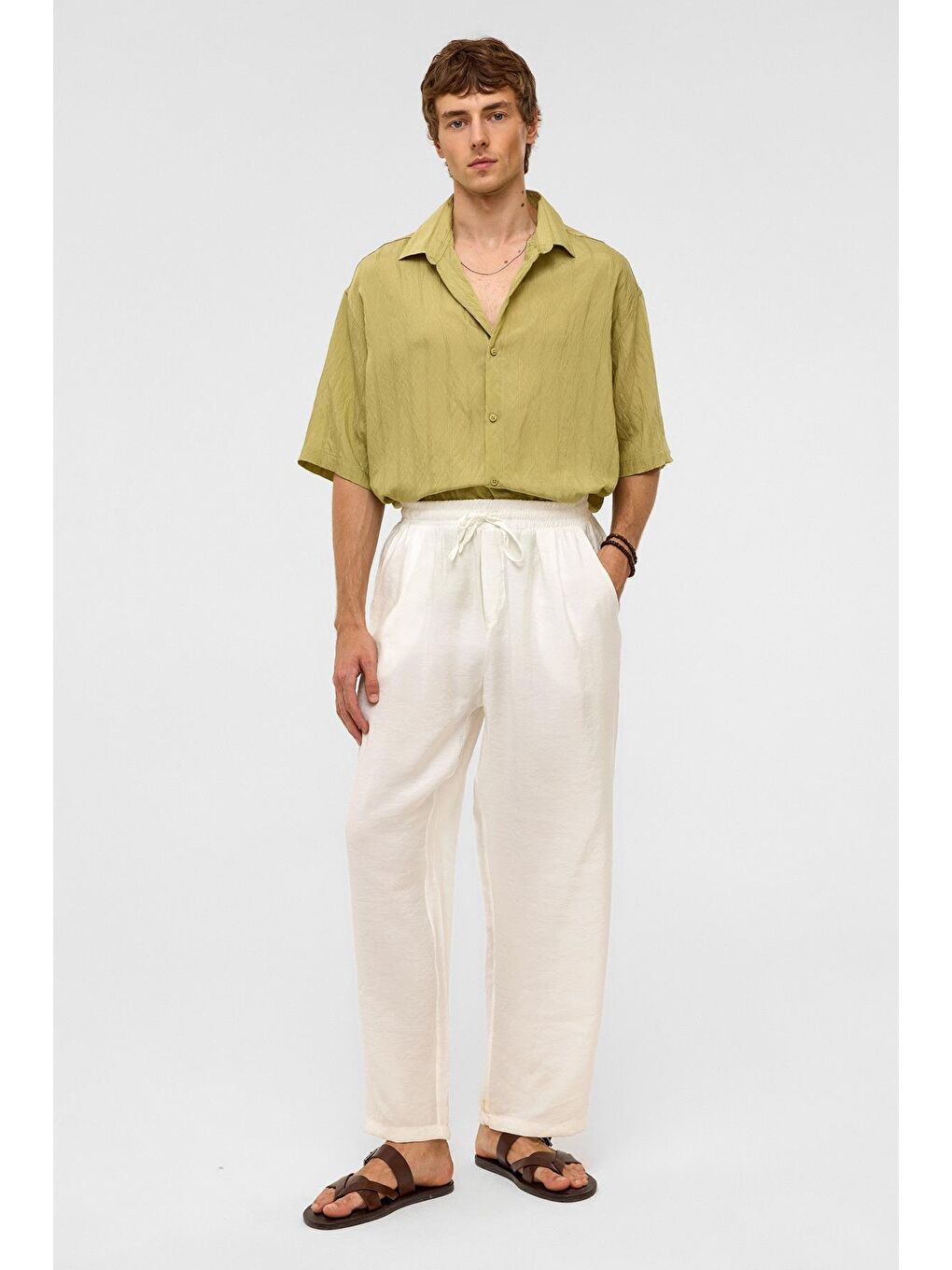 Oversize Çizgili Kısa Kollu Modal Kumaş Gömlek Yeşil