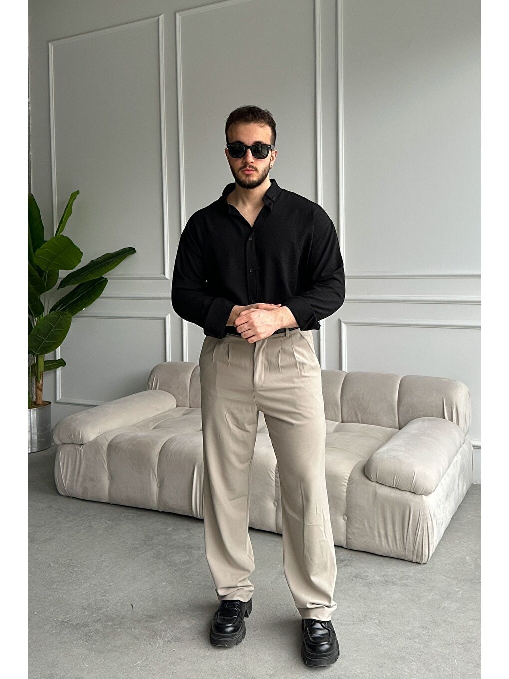 Siyah Napas Erkek Oversize Keten Görünümlü Gömlek-1