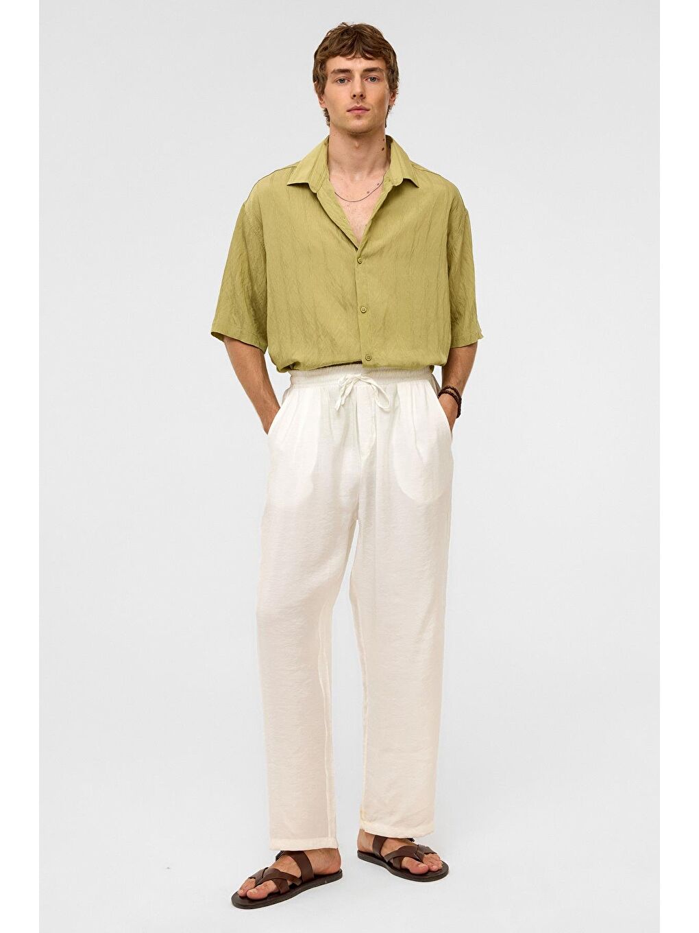 Oversize Çizgili Kısa Kollu Modal Kumaş Gömlek Yeşil-1