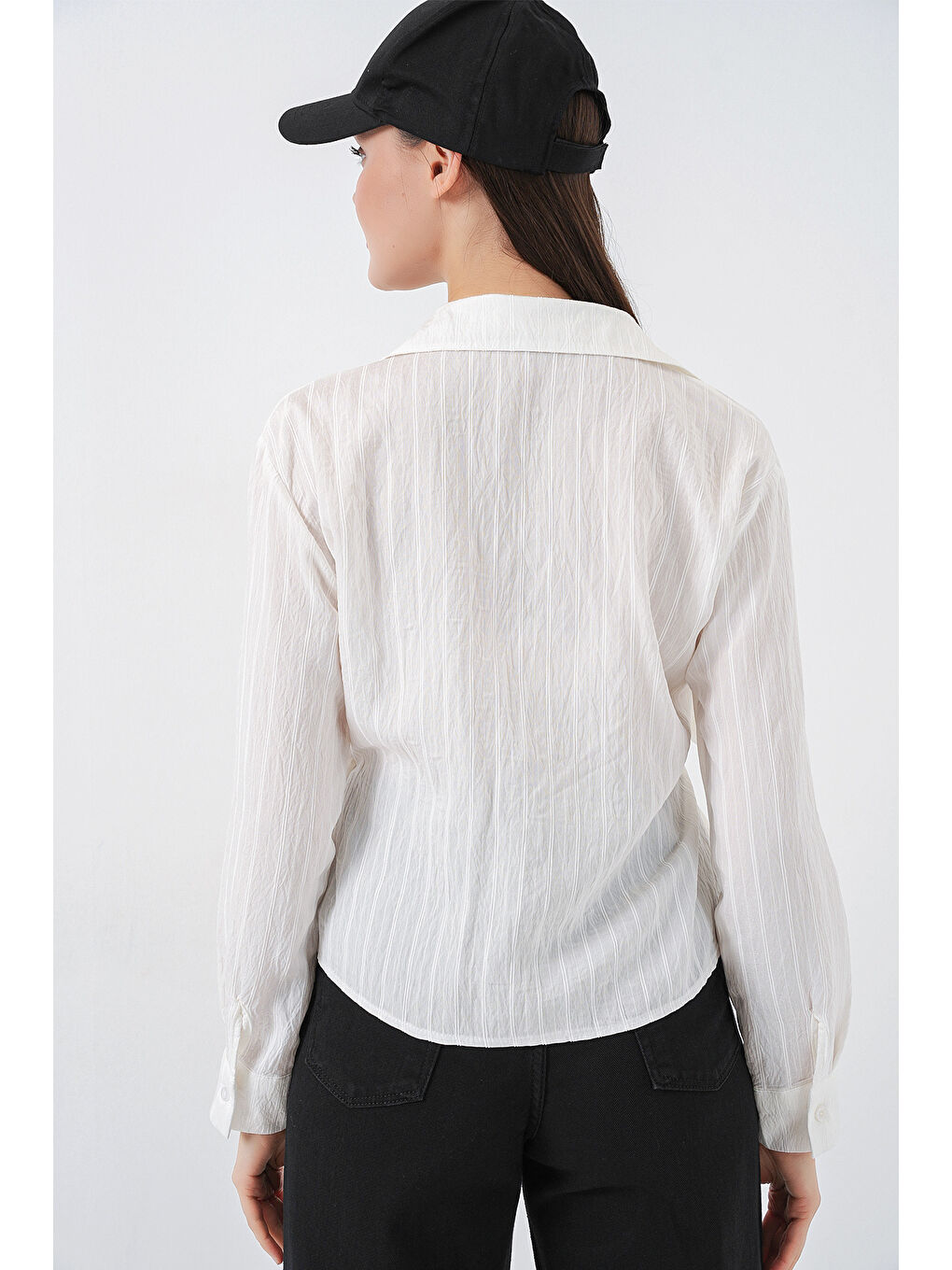Kadın Önü Bağlamalı Çizgili Gömlek 20362 - Ekru-6