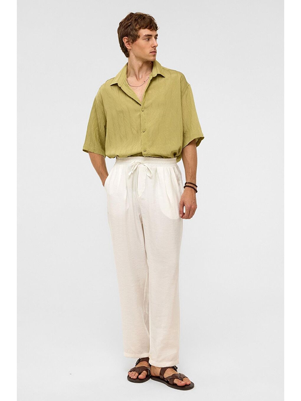 Oversize Çizgili Kısa Kollu Modal Kumaş Gömlek Yeşil-2