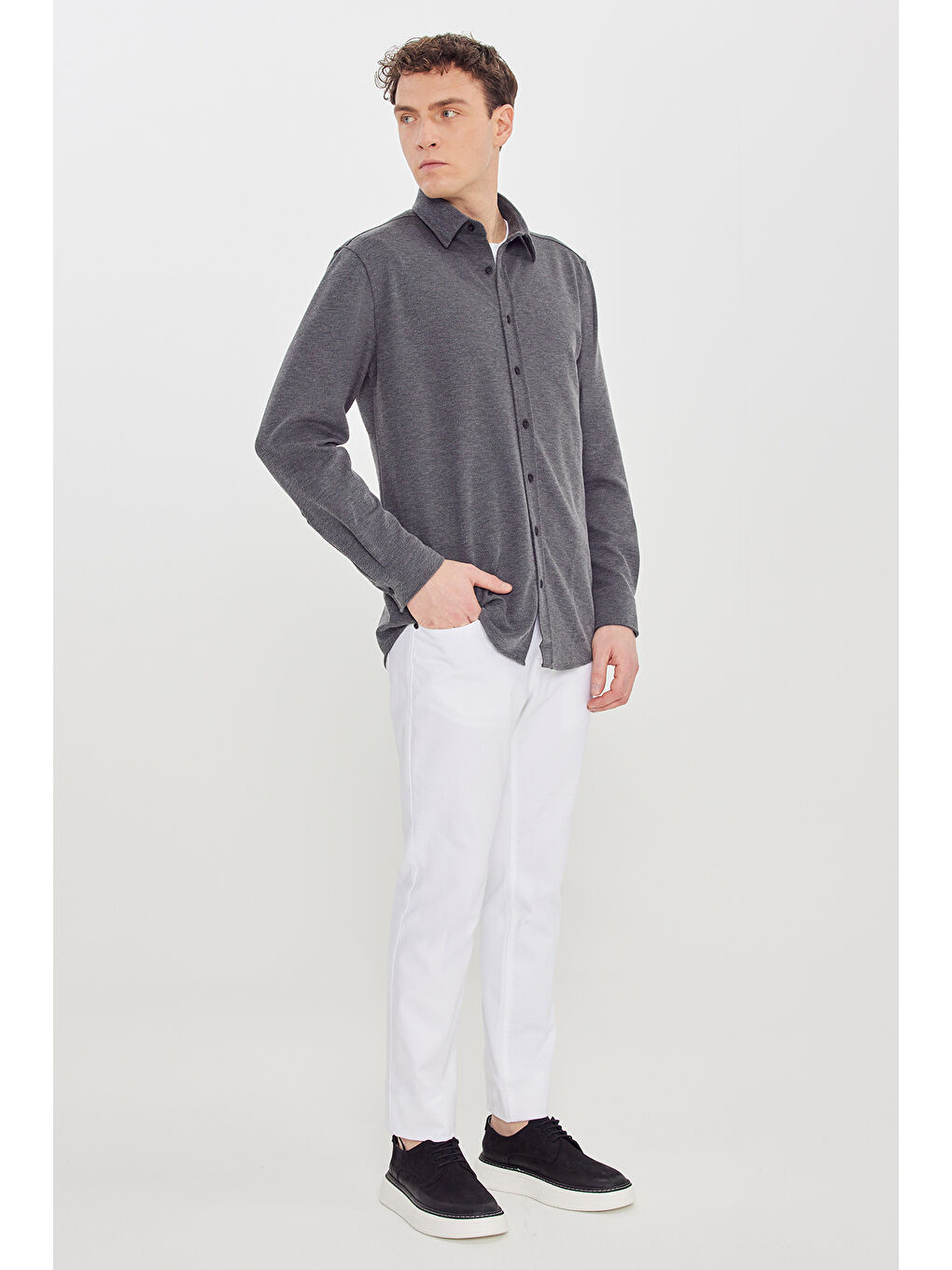 Erkek Antrasit Pamuklu Comfort Fit Rahat Kesim Klasik Yaka Örme Gömlek-1