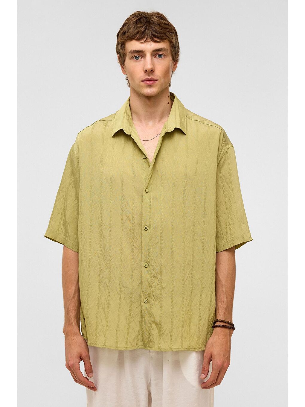 Oversize Çizgili Kısa Kollu Modal Kumaş Gömlek Yeşil-3
