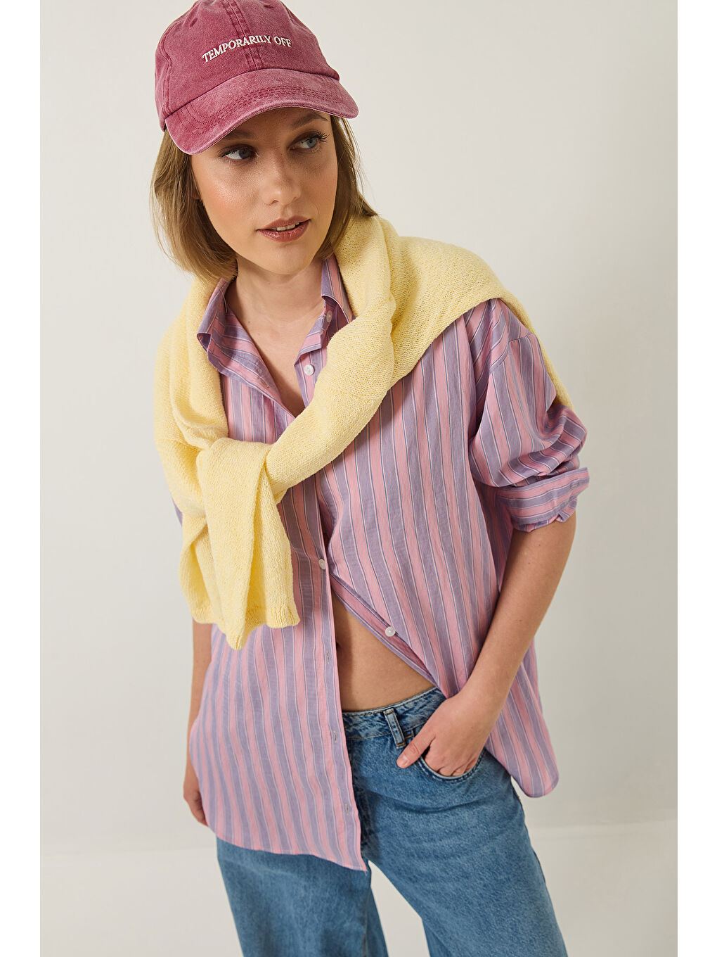 Lila Kadın Tek Cep Detaylı Çizgili Oversize Gömlek-1