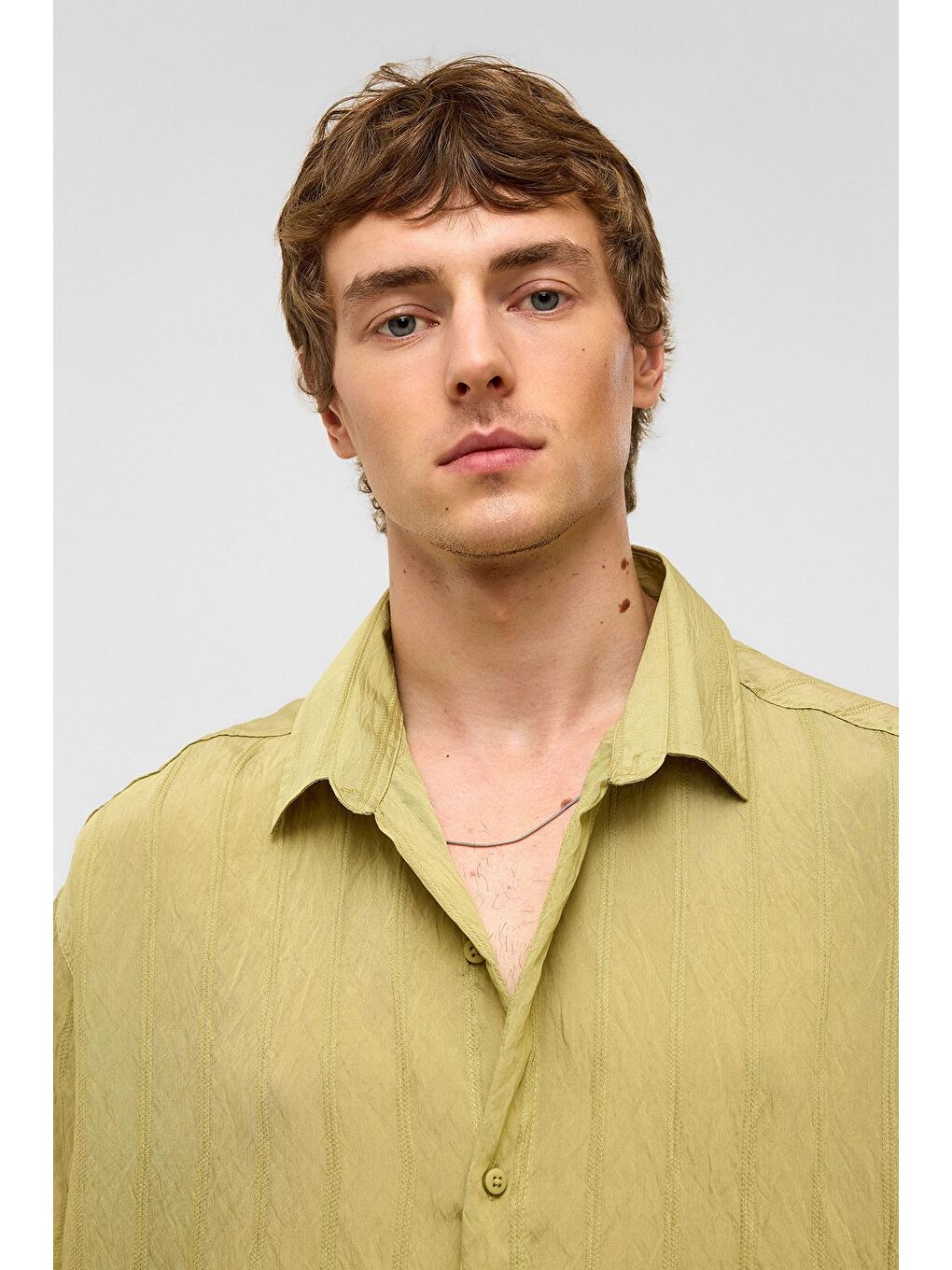 Oversize Çizgili Kısa Kollu Modal Kumaş Gömlek Yeşil-4