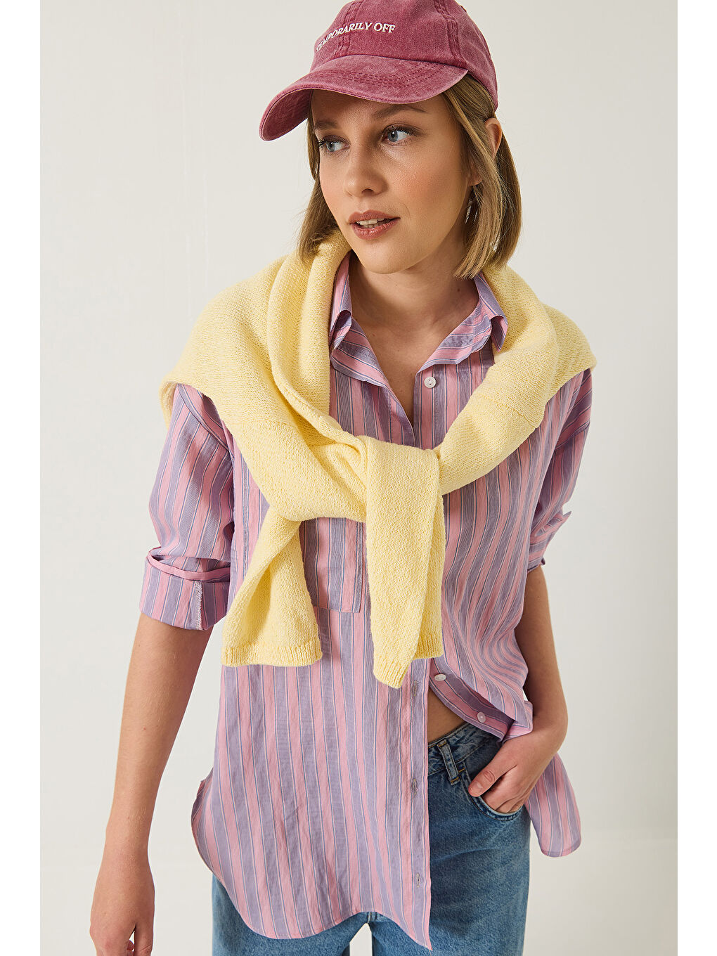 Lila Kadın Tek Cep Detaylı Çizgili Oversize Gömlek-2