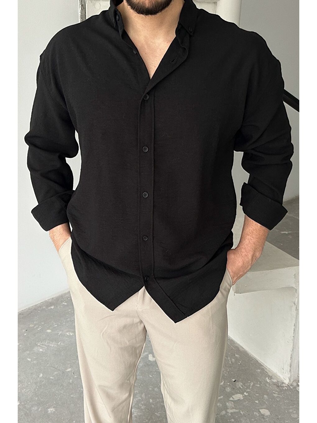 Siyah Napas Erkek Oversize Keten Görünümlü Gömlek-2