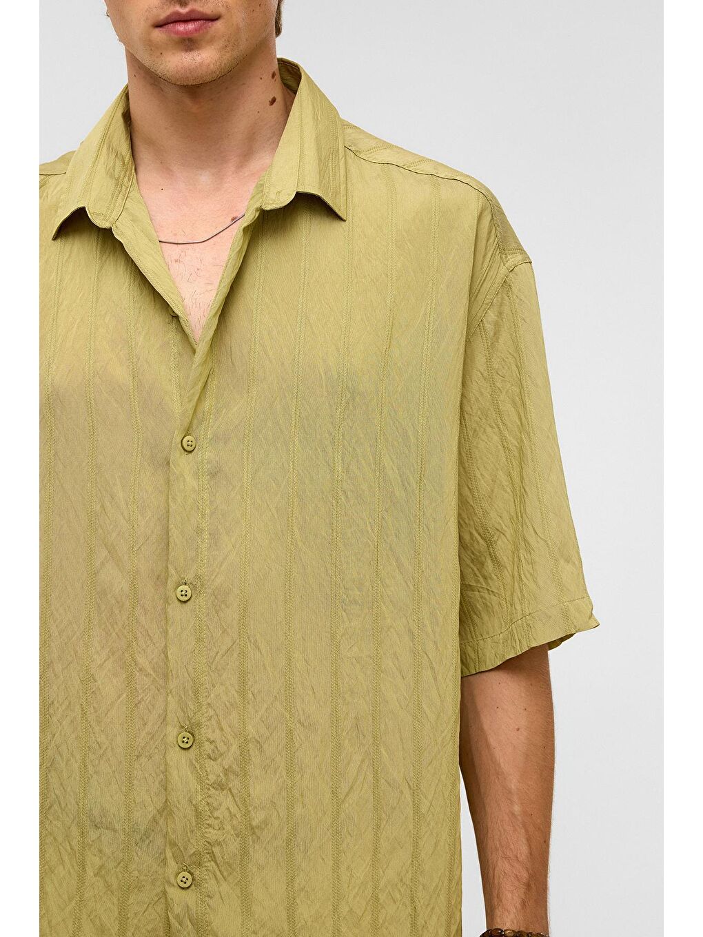Oversize Çizgili Kısa Kollu Modal Kumaş Gömlek Yeşil-5