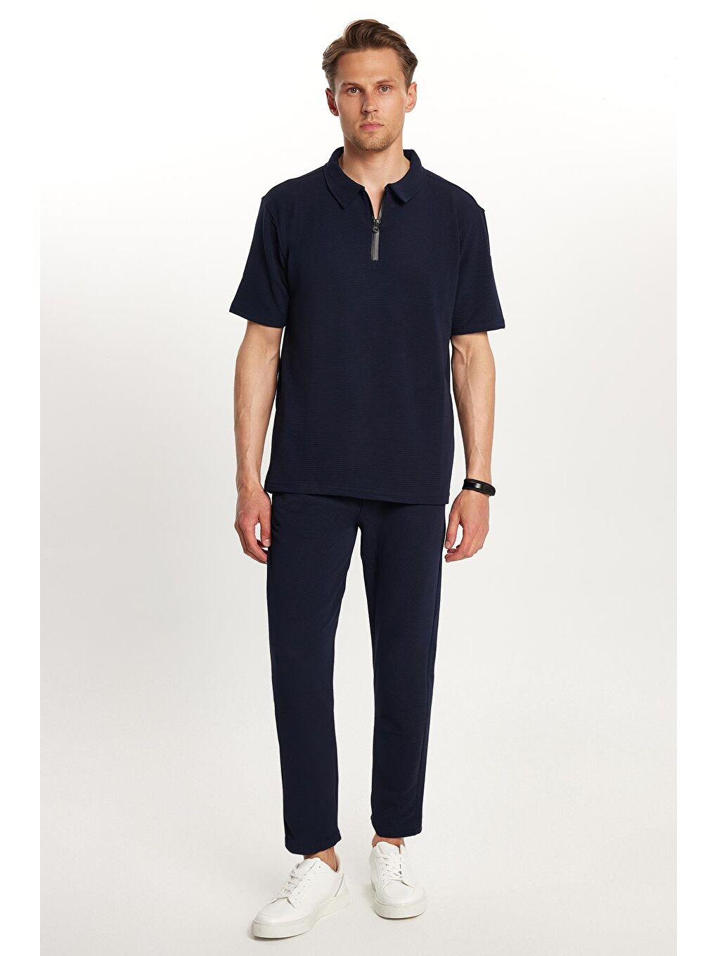 Erkek Standart Fit Pamuklu Fermuarlı Polo Yaka Beli Bağcıklı Lacivert Eşofman Takımı-4
