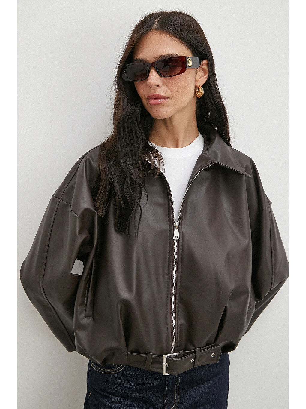 Karışık Yakalı Kemer Detaylı Deri Ceket Kahve-3