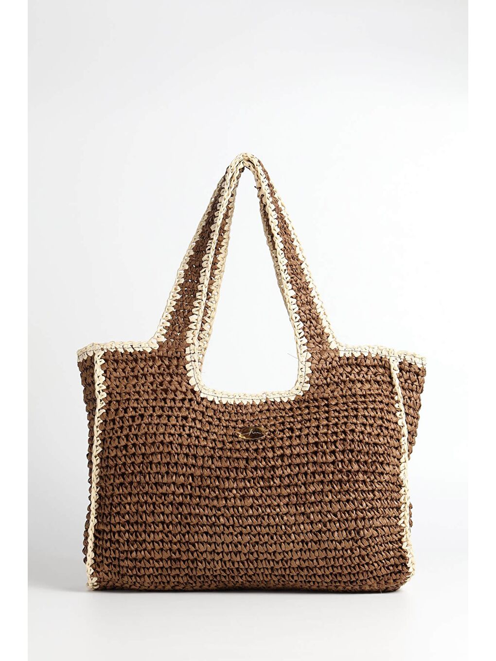 İmza Detaylı Çift Renk Kahverengi Bej Örme Hasır Çanta 1041