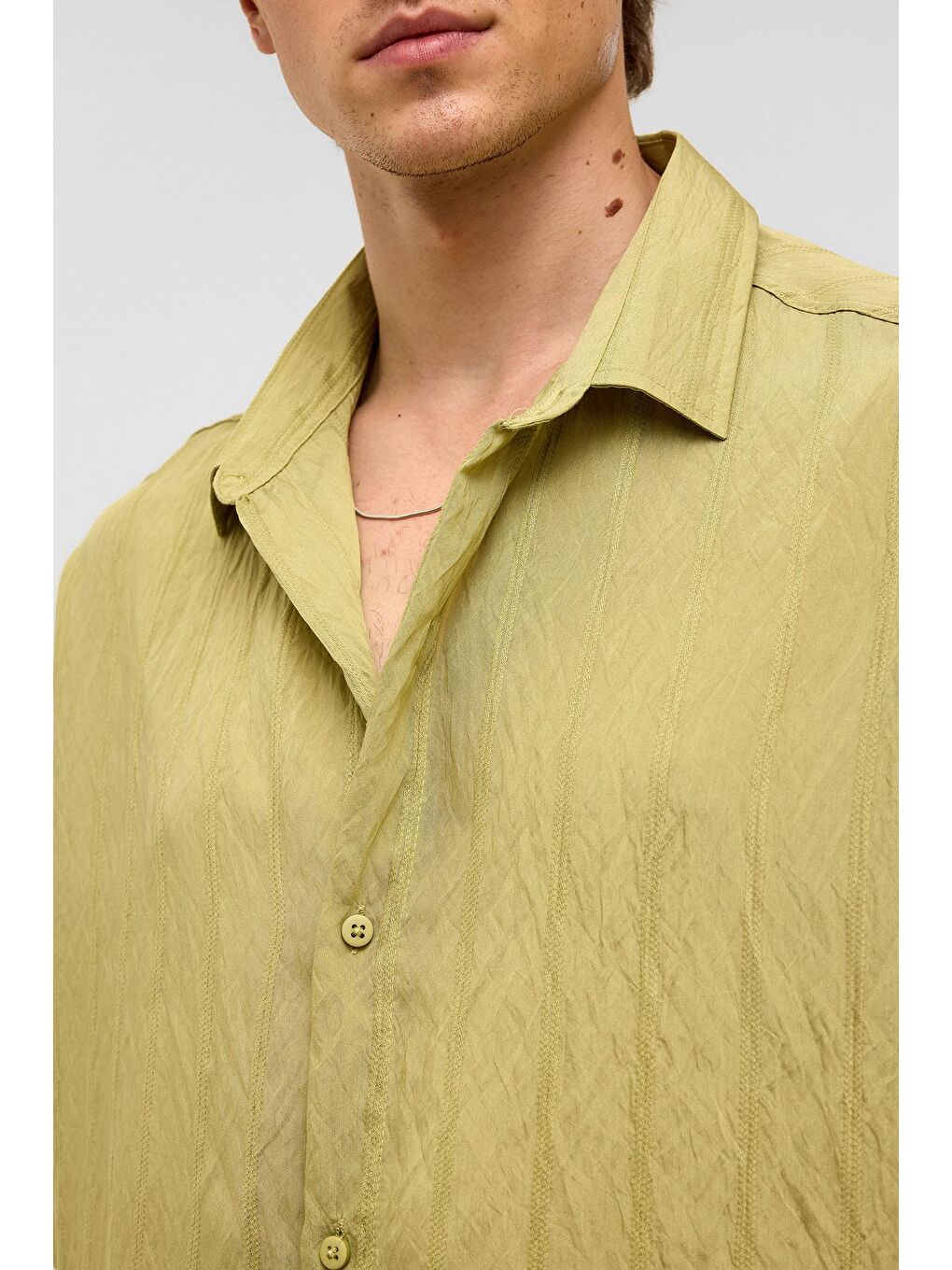 Oversize Çizgili Kısa Kollu Modal Kumaş Gömlek Yeşil-6