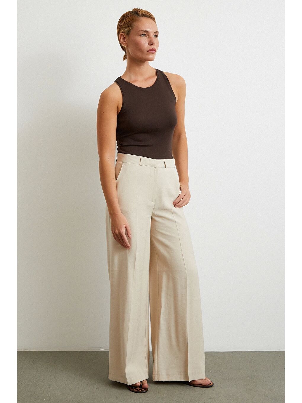 Bej Geniş Paça Palazzo Pantolon Taş-3