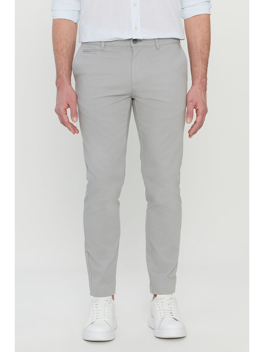 Erkek Gri Pamuklu Slim Fit Armürlü Yan Cepli Esnek Casual Pantolon