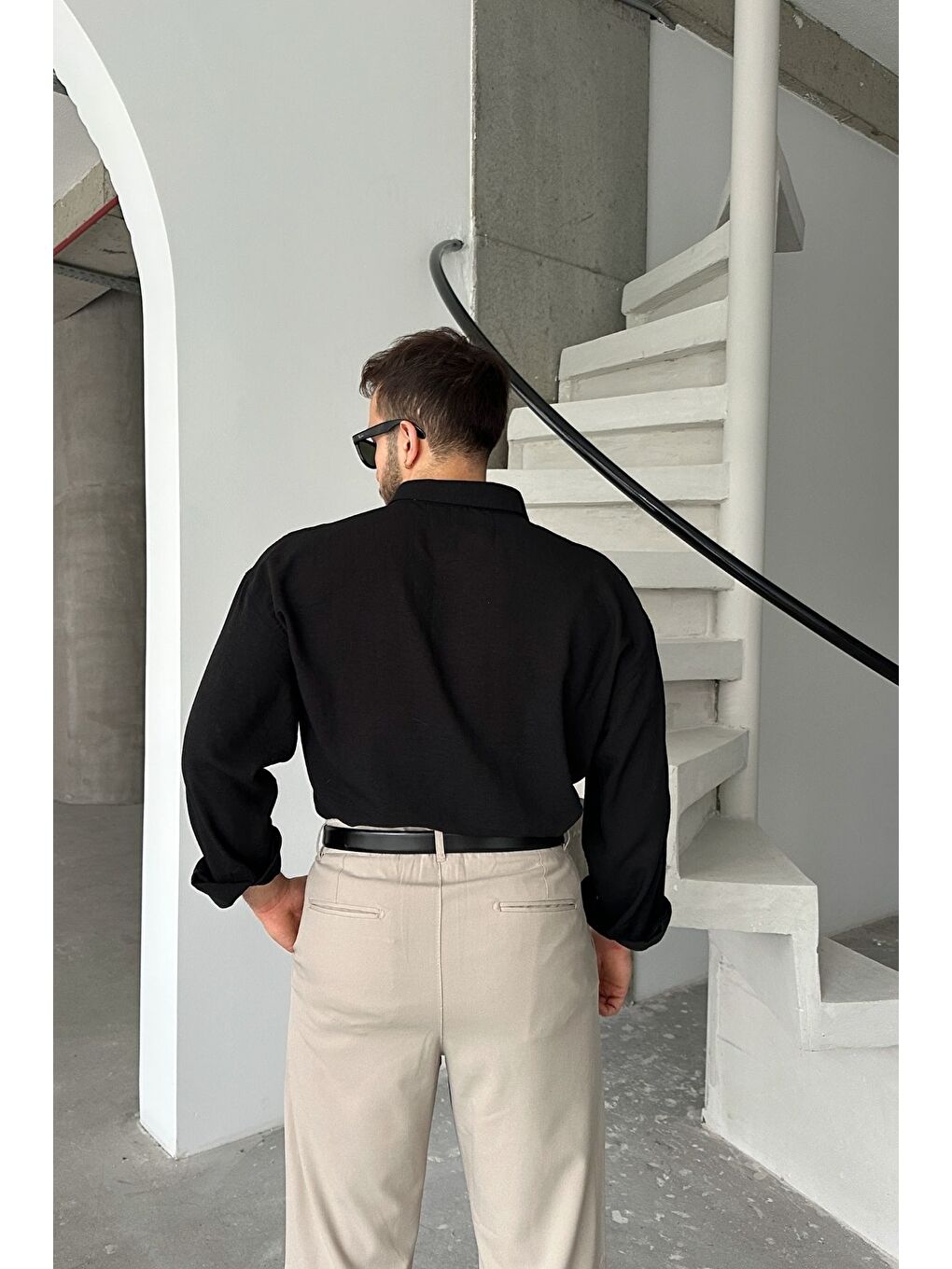 Siyah Napas Erkek Oversize Keten Görünümlü Gömlek-3