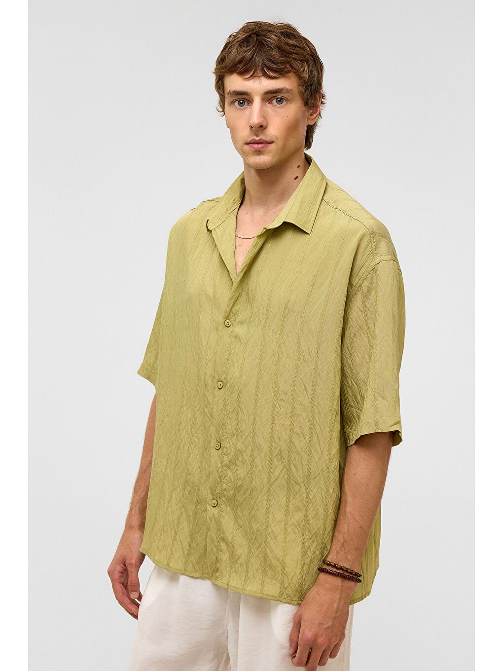 Oversize Çizgili Kısa Kollu Modal Kumaş Gömlek Yeşil-7