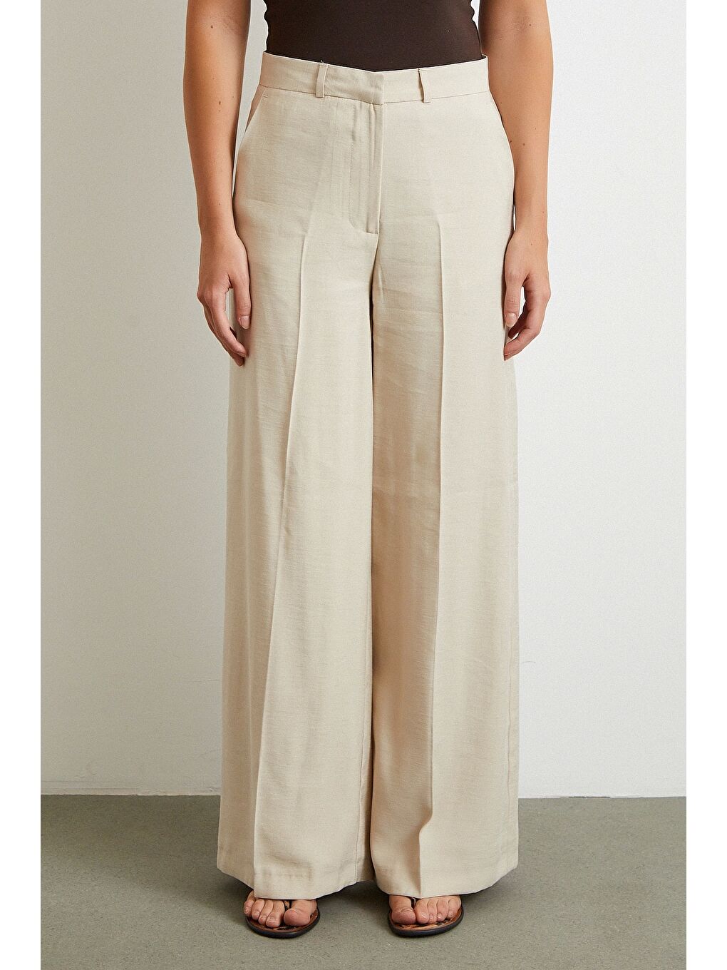 Bej Geniş Paça Palazzo Pantolon Taş-4