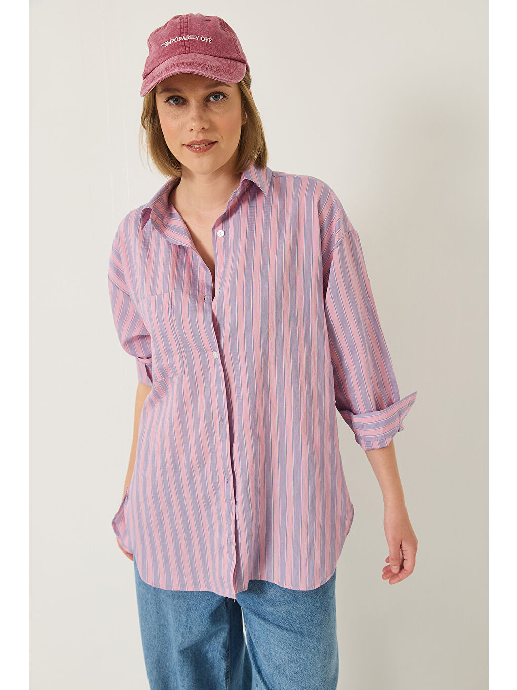 Lila Kadın Tek Cep Detaylı Çizgili Oversize Gömlek-5