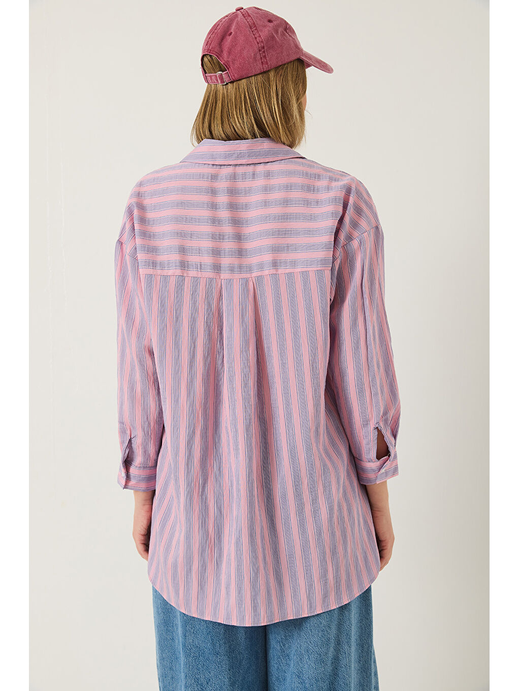 Lila Kadın Tek Cep Detaylı Çizgili Oversize Gömlek-6