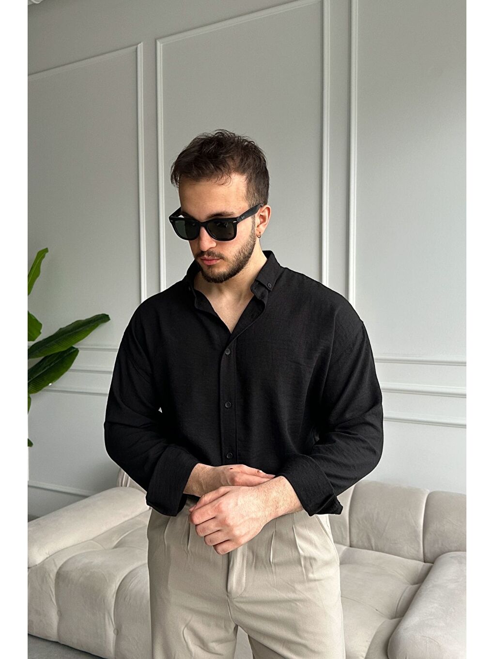 Siyah Napas Erkek Oversize Keten Görünümlü Gömlek-4