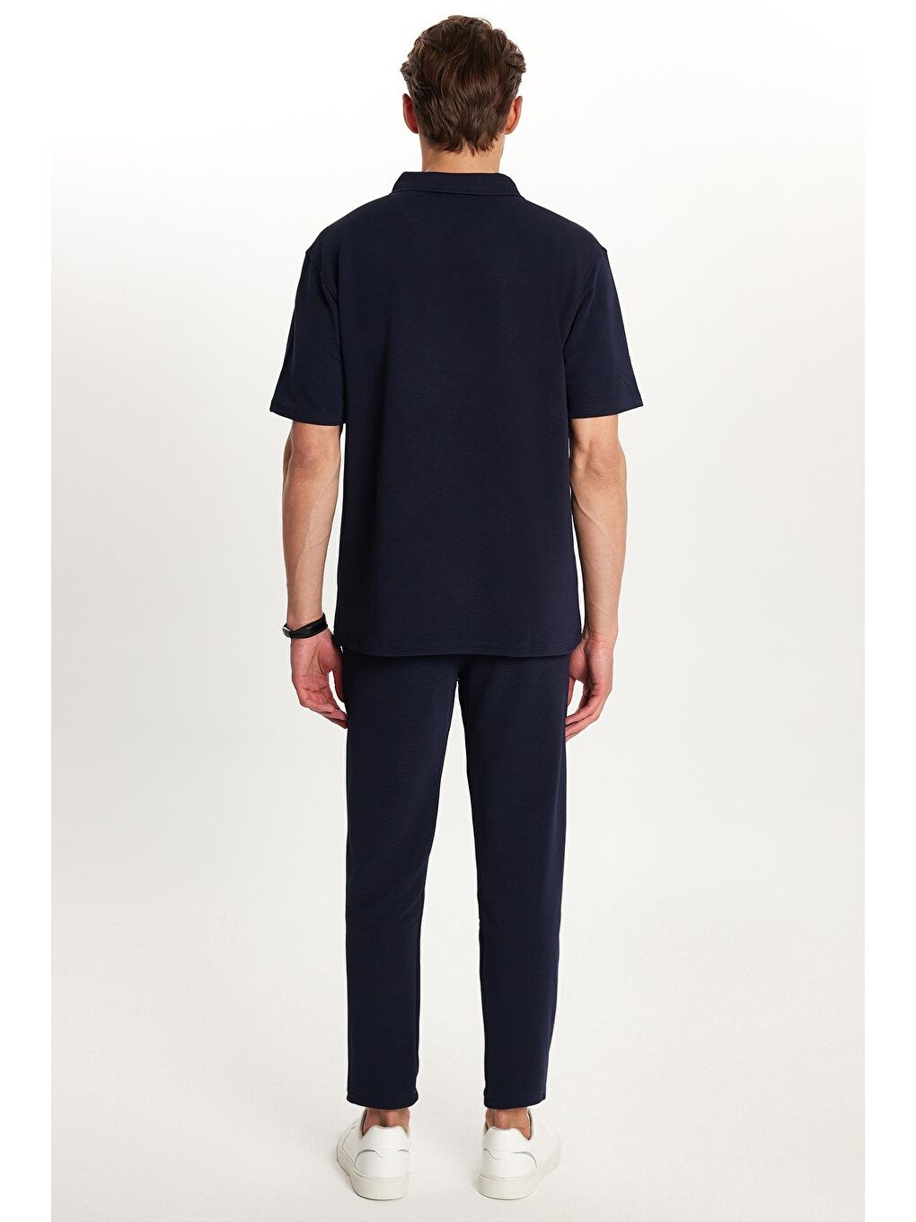 Erkek Standart Fit Pamuklu Fermuarlı Polo Yaka Beli Bağcıklı Lacivert Eşofman Takımı-6