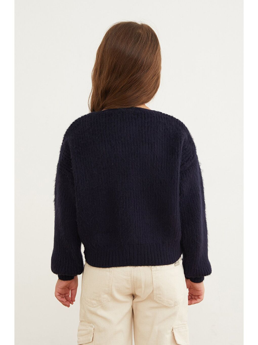 Lacivert Kurdele Nakışlı Düğmeli Kız Çocuk Hırka-1