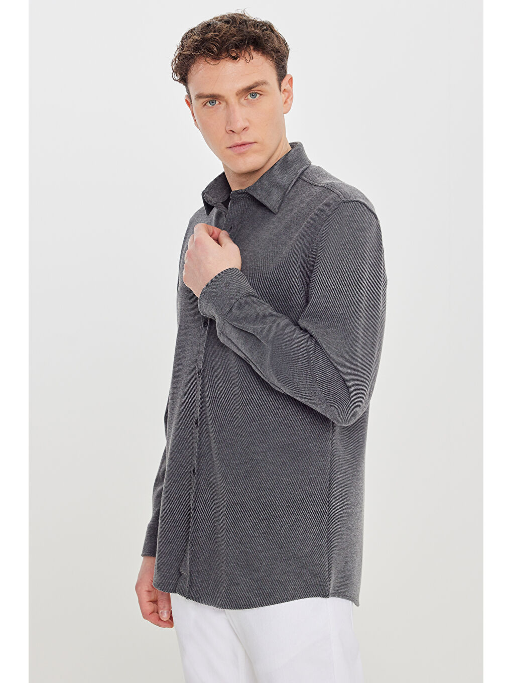 Erkek Antrasit Pamuklu Comfort Fit Rahat Kesim Klasik Yaka Örme Gömlek-2
