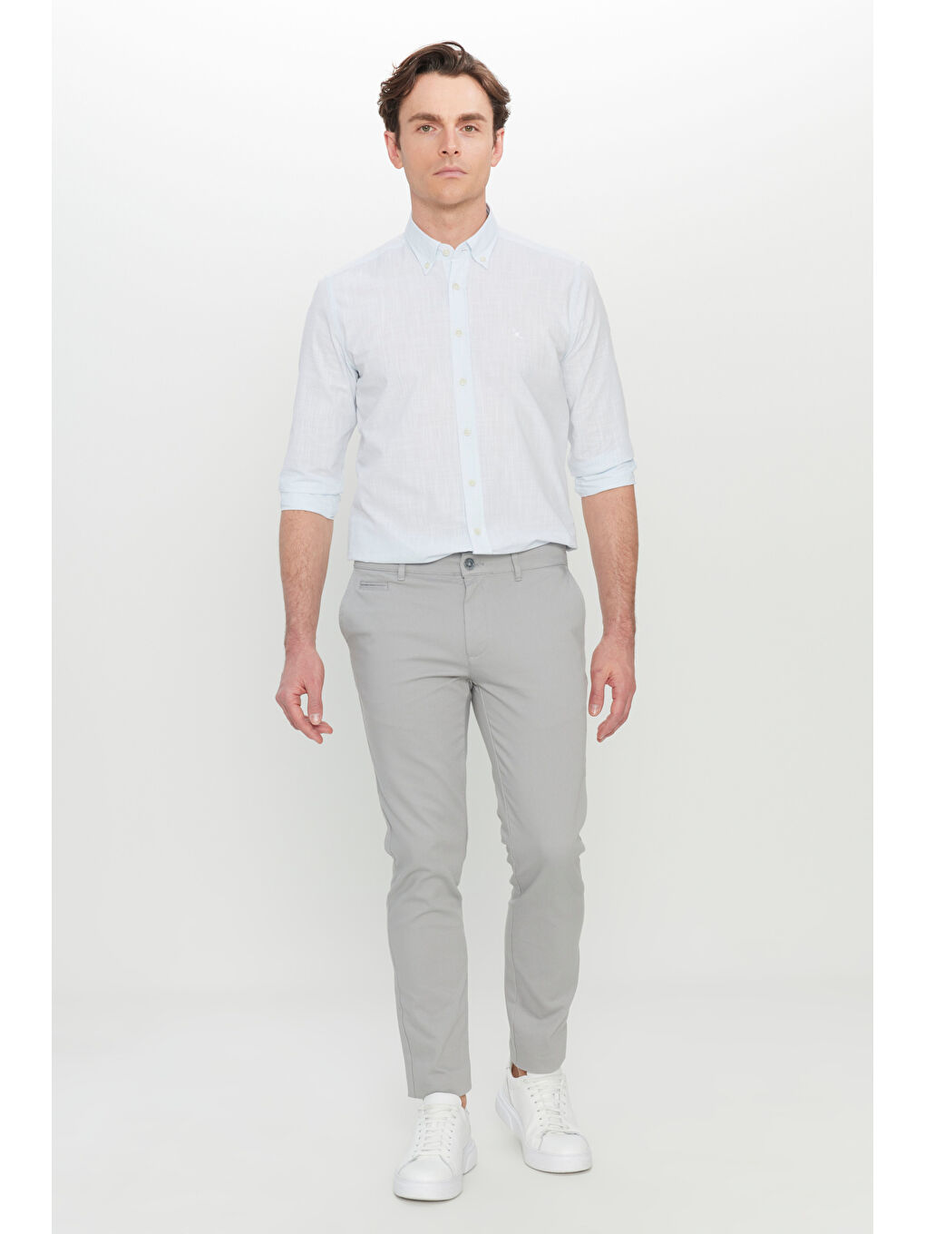 Erkek Gri Pamuklu Slim Fit Armürlü Yan Cepli Esnek Casual Pantolon-1