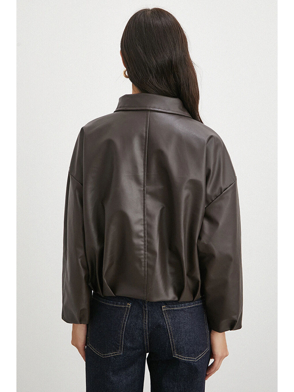 Karışık Yakalı Kemer Detaylı Deri Ceket Kahve-5