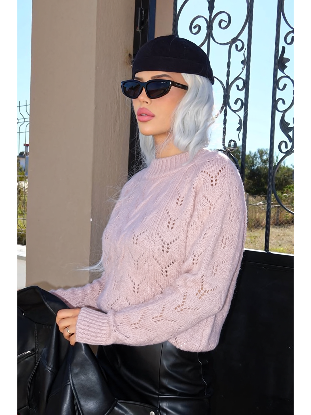 Pembe Yarım Balıkçı Yaka Desenli Triko Kazak E-133-4