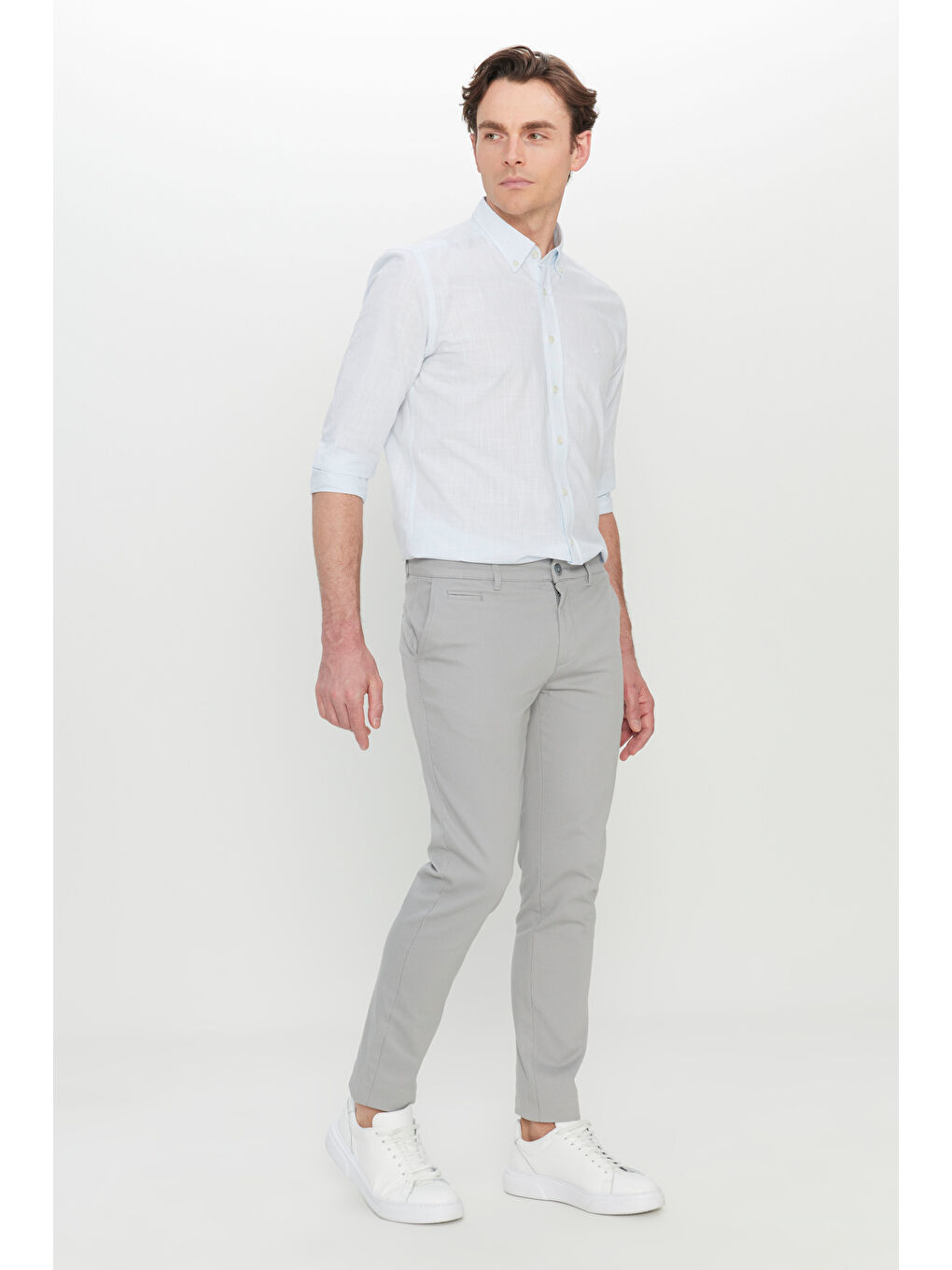 Erkek Gri Pamuklu Slim Fit Armürlü Yan Cepli Esnek Casual Pantolon-2